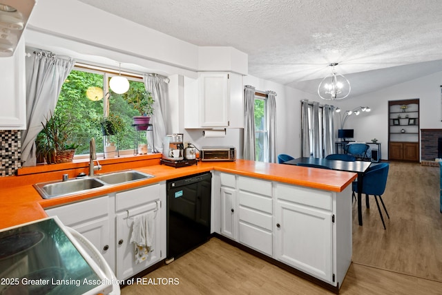 2440 Sower Blvd, Okemos, MI 48864 - kitchen with dishwasher, a peninsula, light wood-style flooring, open floor plan, and a textured ceiling