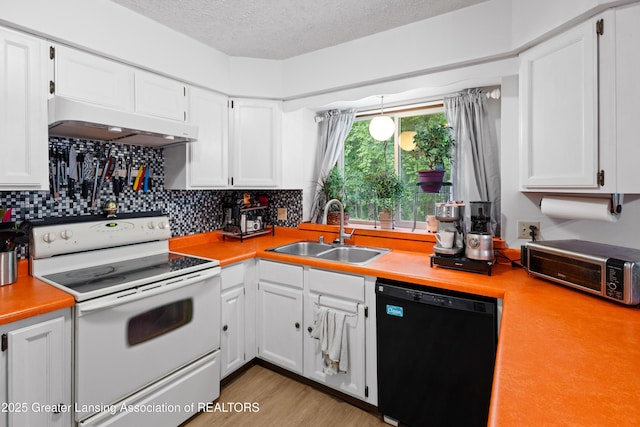 2440 Sower Blvd, Okemos, MI 48864 - kitchen featuring dishwasher, white electric stove, ventilation hood, light countertops, and a textured ceiling
