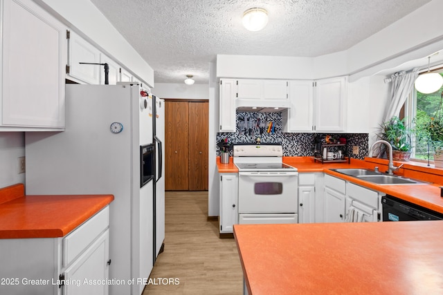 2440 Sower Blvd, Okemos, MI 48864 - kitchen with white appliances, a textured ceiling, light wood-type flooring, under cabinet range hood, and white cabinetry