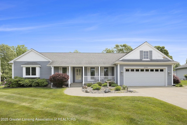2352 Kings Cross N, East Lansing, MI 48823 - view of front of house featuring a porch, concrete driveway, a front lawn, an attached garage, and a shingled roof