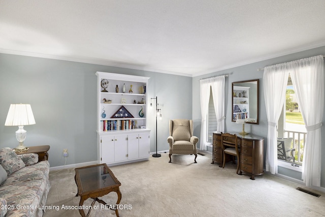 2352 Kings Cross N, East Lansing, MI 48823 - living room featuring crown molding and light carpet