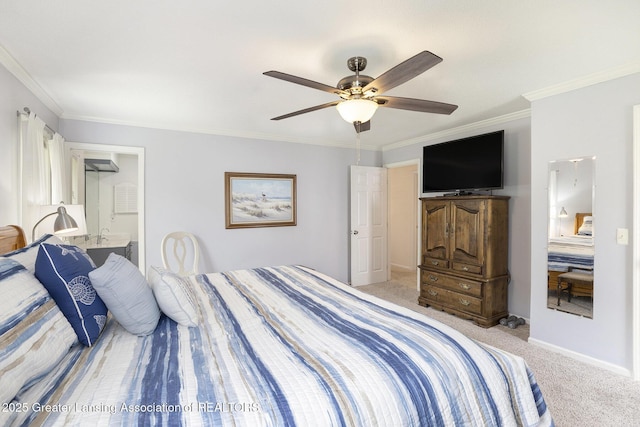 2352 Kings Cross N, East Lansing, MI 48823 - bedroom with carpet floors, ornamental molding, ensuite bath, and a ceiling fan