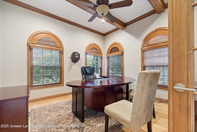 6378 E Island Lake Dr, East Lansing, MI 48823 - office featuring beamed ceiling, a ceiling fan, wood finished floors, and ornamental molding