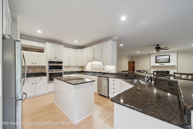 6378 E Island Lake Dr, East Lansing, MI 48823 - kitchen with stainless steel appliances, ornamental molding, a brick fireplace, light wood-type flooring, and a ceiling fan