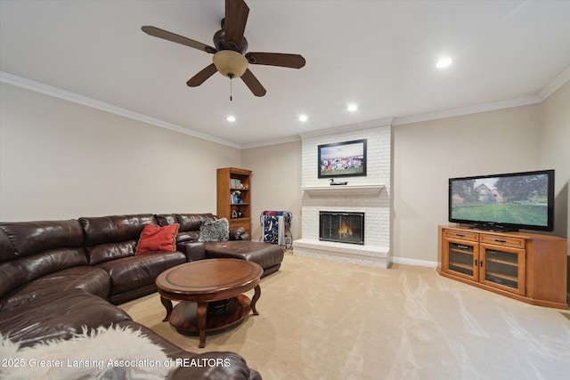 6378 E Island Lake Dr, East Lansing, MI 48823 - carpeted living room with recessed lighting, crown molding, ceiling fan, and a brick fireplace
