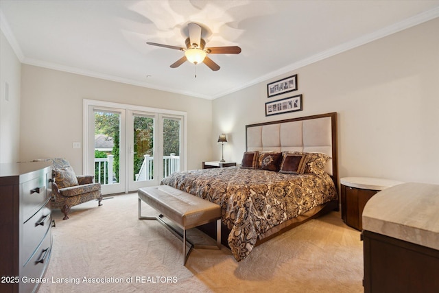 6378 E Island Lake Dr, East Lansing, MI 48823 - bedroom featuring access to outside, light colored carpet, ornamental molding, and a ceiling fan