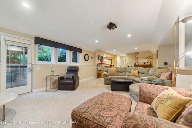 6378 E Island Lake Dr, East Lansing, MI 48823 - carpeted living area with recessed lighting and stairs