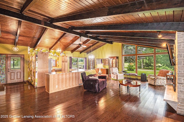 203 Branson Bay Dr, Mason, MI 48854 - living room featuring a wooden ceiling with exposed beams, dark wood-style flooring, ceiling fan, and high vaulted ceiling
