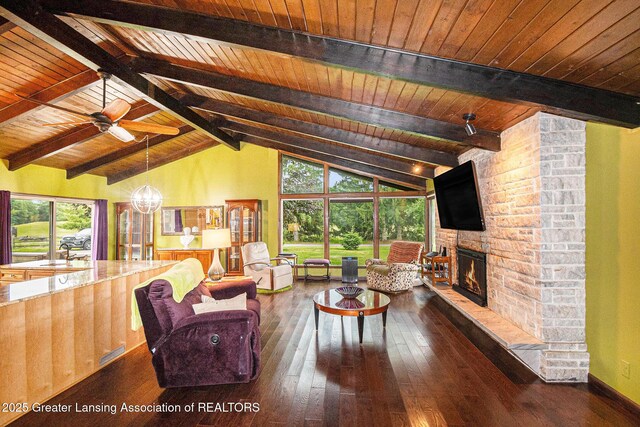 203 Branson Bay Dr, Mason, MI 48854 - living area with a fireplace, dark wood-type flooring, wooden ceiling, and a ceiling fan