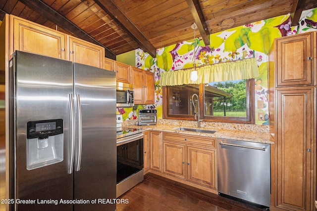 203 Branson Bay Dr, Mason, MI 48854 - kitchen featuring stainless steel appliances, wooden ceiling, dark wood finished floors, light stone countertops, and brown cabinetry
