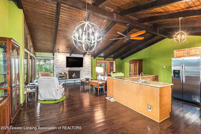 203 Branson Bay Dr, Mason, MI 48854 - kitchen with stainless steel refrigerator with ice dispenser, dark wood-type flooring, a chandelier, open floor plan, and wooden ceiling