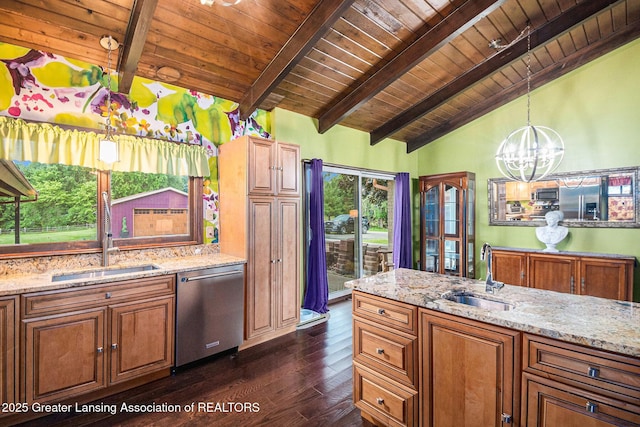 203 Branson Bay Dr, Mason, MI 48854 - kitchen featuring appliances with stainless steel finishes, wood ceiling, dark wood-type flooring, a chandelier, and brown cabinetry