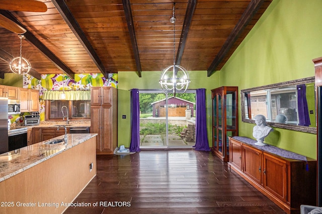 203 Branson Bay Dr, Mason, MI 48854 - kitchen with wood ceiling, a chandelier, light stone countertops, stainless steel microwave, and dark wood finished floors