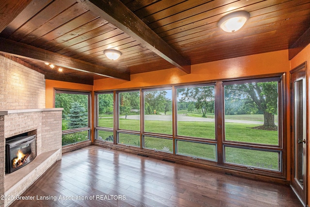 203 Branson Bay Dr, Mason, MI 48854 - unfurnished sunroom with a wooden ceiling with exposed beams and hardwood / wood-style flooring