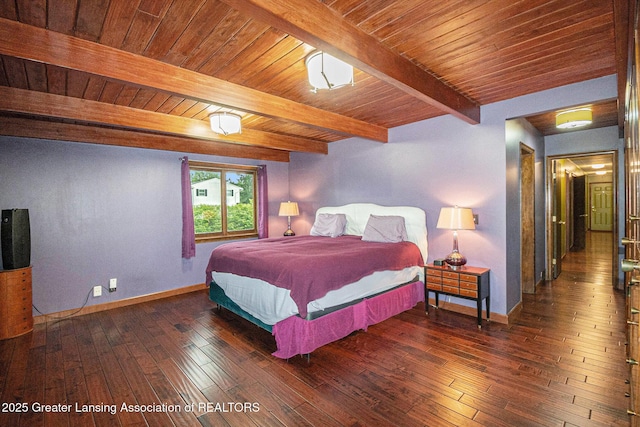 203 Branson Bay Dr, Mason, MI 48854 - bedroom featuring hardwood / wood-style floors and a wood ceiling with exposed beams