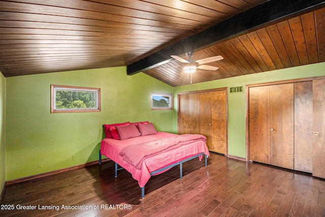 203 Branson Bay Dr, Mason, MI 48854 - bedroom featuring wood finished floors, multiple closets, wood ceiling, and ceiling fan