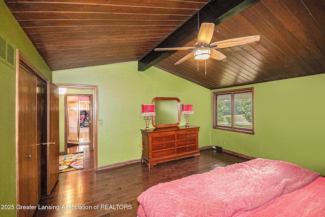 203 Branson Bay Dr, Mason, MI 48854 - bedroom with wood finished floors, wood ceiling, and a ceiling fan