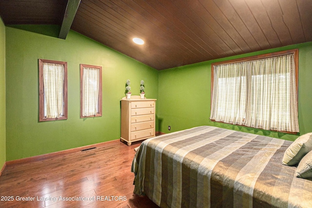 203 Branson Bay Dr, Mason, MI 48854 - bedroom with hardwood / wood-style flooring, lofted ceiling, recessed lighting, and wooden ceiling
