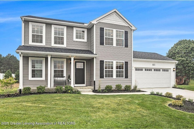 2905 Moccasin Dr, Dewitt, MI 48820 - traditional-style home featuring an attached garage, driveway, a front yard, and a porch