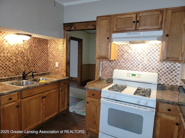 1201 Climax St, Lansing, MI 48912 - kitchen featuring white range with gas stovetop, under cabinet range hood, decorative backsplash, brown cabinetry, and dark wood-style flooring