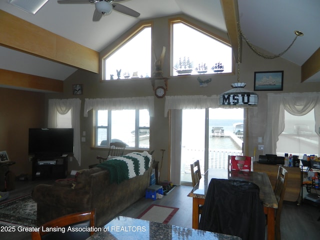 202 Broadway Rd, Houghton Lake, MI 48629 - living room with a ceiling fan, high vaulted ceiling, and wood finished floors