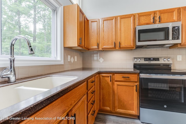 9481 S Clinton Trl, Eaton Rapids, MI 48827 - kitchen featuring appliances with stainless steel finishes, tasteful backsplash, brown cabinetry, and dark countertops