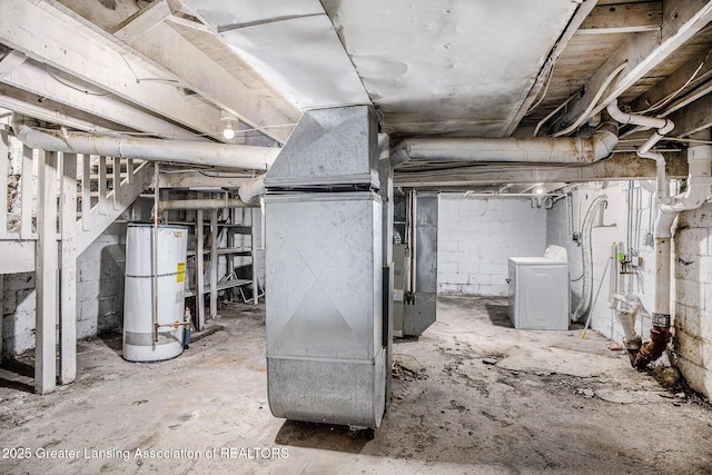 147 Isbell St, Lansing, MI 48910 - unfinished basement featuring washer / dryer, gas water heater, and heating unit