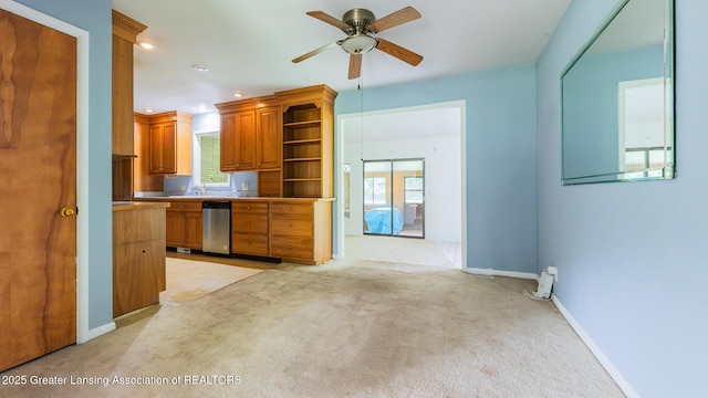 62 W Sherwood Rd, Okemos, MI 48864 - kitchen featuring stainless steel dishwasher, open shelves, ceiling fan, light colored carpet, and recessed lighting