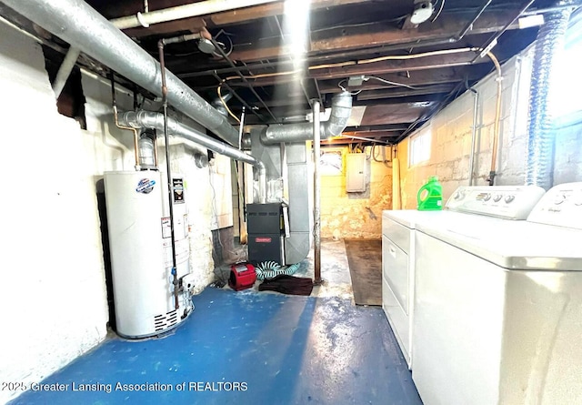 1017 W Oakland Ave, Lansing, MI 48915 - basement featuring gas water heater, washer and clothes dryer, heating unit, and electric panel