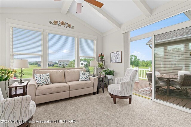 11167 Windswept Dr, Grand Ledge, MI 48837 - living room featuring healthy amount of natural light, ceiling fan, and light colored carpet