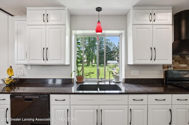 2605 College Rd, Holt, MI 48842 - kitchen with black dishwasher, wall chimney exhaust hood, white cabinets, and decorative light fixtures
