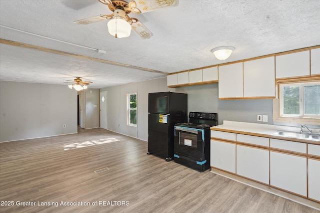 27508 F Dr S, Albion, MI 49224 - kitchen featuring black appliances, ceiling fan, a textured ceiling, healthy amount of natural light, and light wood-style flooring