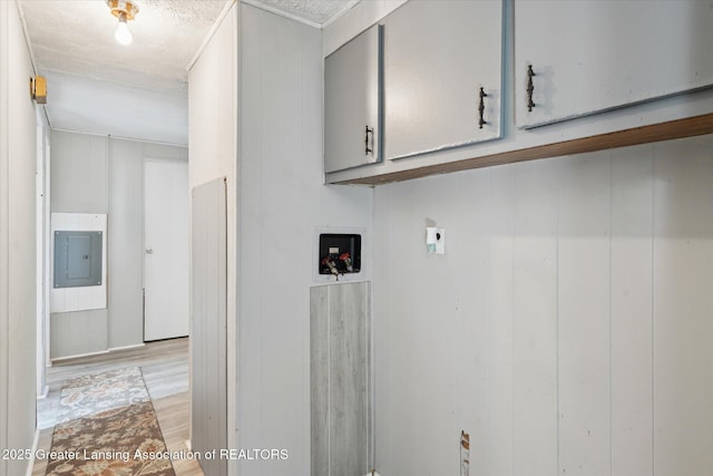 27508 F Dr S, Albion, MI 49224 - washroom with cabinet space, electric panel, light wood-style flooring, and hookup for a washing machine
