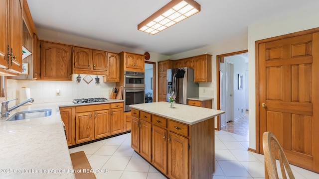 3888 Breckinridge Dr, Okemos, MI 48864 - kitchen with appliances with stainless steel finishes, decorative backsplash, brown cabinetry, and light tile patterned flooring