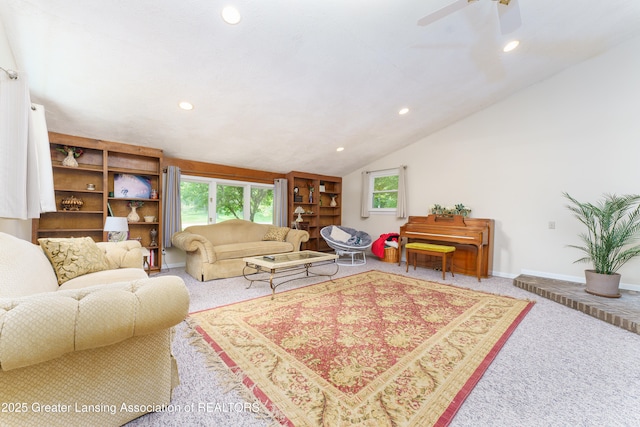 2162 Kent St, Okemos, MI 48864 - living area featuring carpet floors, recessed lighting, lofted ceiling, and ceiling fan