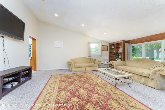 2162 Kent St, Okemos, MI 48864 - living room featuring carpet flooring, lofted ceiling, and recessed lighting