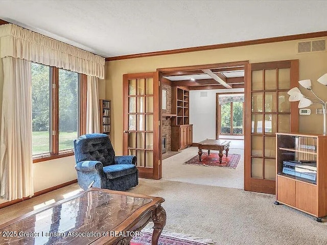 3619 W Arbutus Dr, Okemos, MI 48864 - living area featuring french doors, plenty of natural light, crown molding, and beamed ceiling