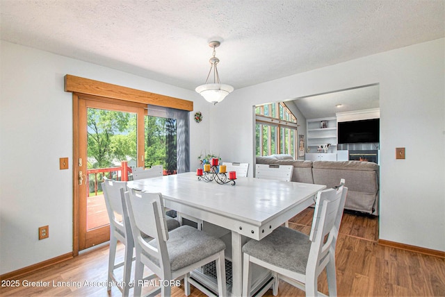 12829 Silver Ridge Dr, Grand Ledge, MI 48837 - dining area featuring plenty of natural light, light wood finished floors, a textured ceiling, a tiled fireplace, and built in shelves