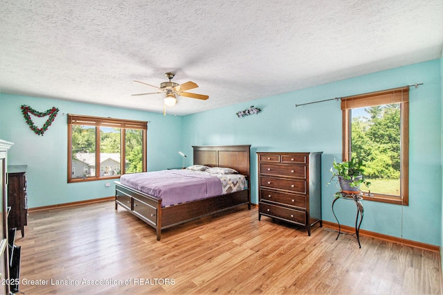 12829 Silver Ridge Dr, Grand Ledge, MI 48837 - bedroom with light wood-style flooring, a textured ceiling, and a ceiling fan