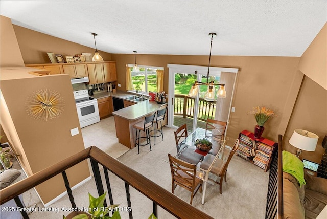 4538 Cranberry Ct, Lansing, MI 48917 - kitchen with white range with electric cooktop, light colored carpet, under cabinet range hood, light brown cabinets, and vaulted ceiling