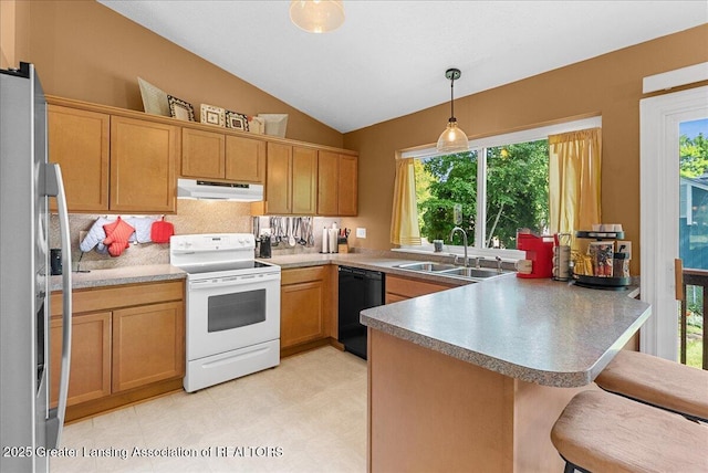 4538 Cranberry Ct, Lansing, MI 48917 - kitchen with electric range, under cabinet range hood, black dishwasher, a peninsula, and lofted ceiling