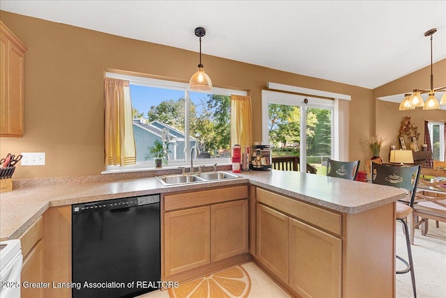 4538 Cranberry Ct, Lansing, MI 48917 - kitchen featuring dishwasher, a peninsula, light countertops, light brown cabinets, and vaulted ceiling