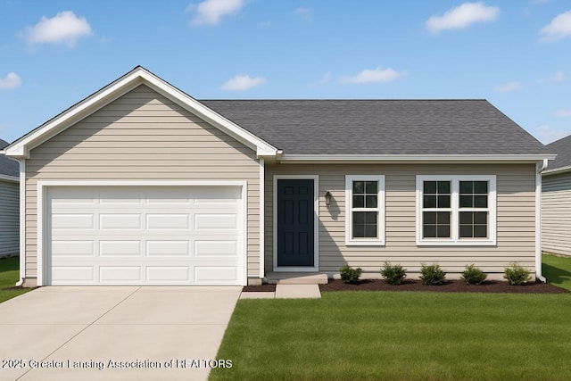 402 Crossman, Williamston, MI 48895 - ranch-style home featuring concrete driveway, an attached garage, a front lawn, and a shingled roof