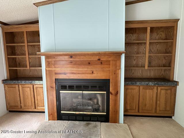 8241 Barson Rd, Rives Junction, MI 49277 - detailed view of a glass covered fireplace, carpet, and a textured ceiling