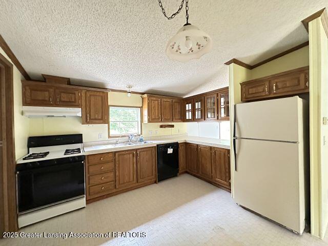 8241 Barson Rd, Rives Junction, MI 49277 - kitchen with white appliances, under cabinet range hood, a textured ceiling, light countertops, and brown cabinets