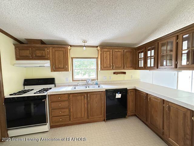 8241 Barson Rd, Rives Junction, MI 49277 - kitchen with black dishwasher, white gas range oven, under cabinet range hood, a textured ceiling, and glass insert cabinets