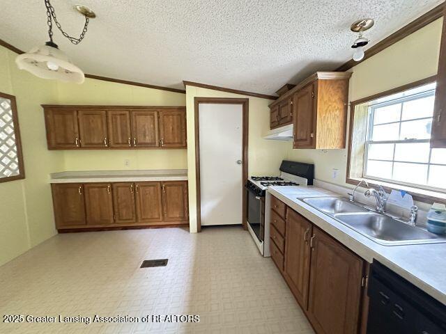 8241 Barson Rd, Rives Junction, MI 49277 - kitchen with gas range gas stove, dishwasher, lofted ceiling, light countertops, and a textured ceiling
