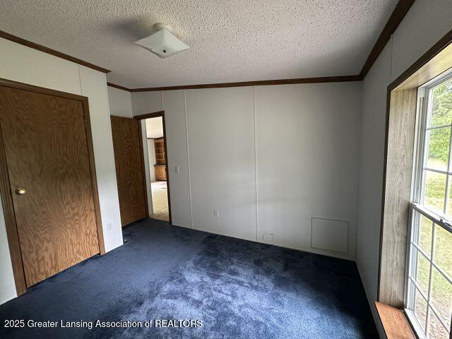 8241 Barson Rd, Rives Junction, MI 49277 - unfurnished bedroom featuring ornamental molding, a textured ceiling, and carpet