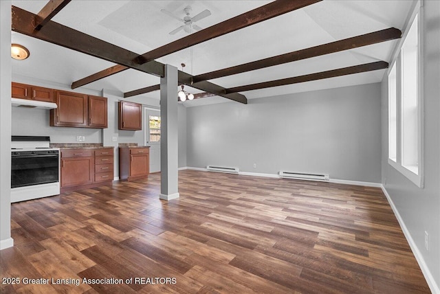 1116 Cooper Ave, Lansing, MI 48910 - kitchen featuring white range oven, a baseboard heating unit, beamed ceiling, ceiling fan, and under cabinet range hood