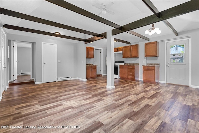 1116 Cooper Ave, Lansing, MI 48910 - unfurnished living room featuring baseboard heating, beamed ceiling, wood finished floors, a ceiling fan, and a chandelier